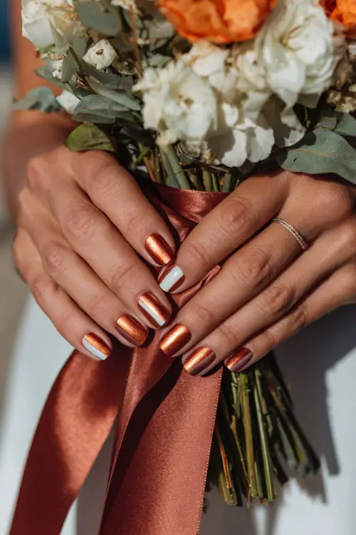 Rust and cream ombré nails with metallic copper foil highlights, bridesmaid’s hands adjusting a silk ribbon bouquet 