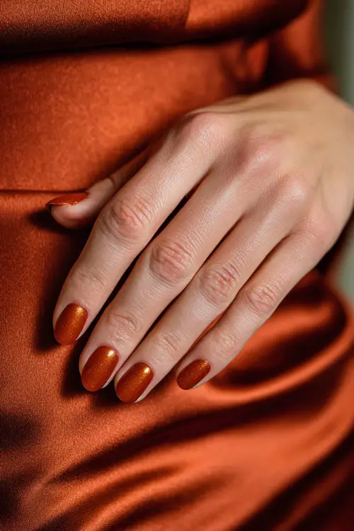 Short almond-shaped rust orange nails with subtle gold shimmer, bridesmaid’s hand resting on a satin dress 
