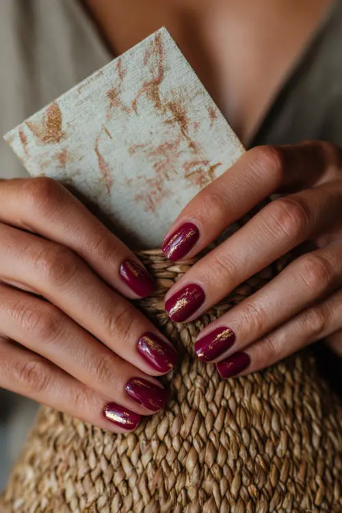 Short burgundy nails with fine gold foil accents, bride’s hands holding a rustic wedding invitation card 
