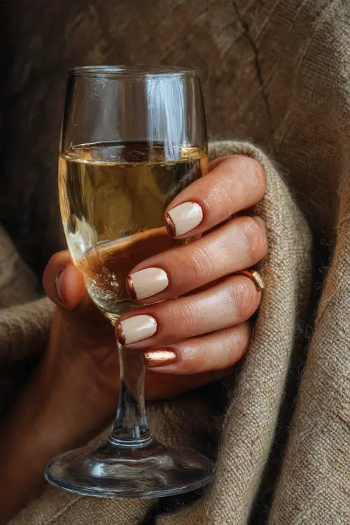 Short cream-colored nails with copper foil details, bridesmaid’s hand holding a glass of champagne 