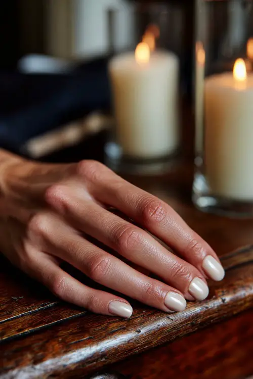 Short ivory nails with minimal pearl accents, bridesmaid’s hand resting on a wooden wedding table with candles