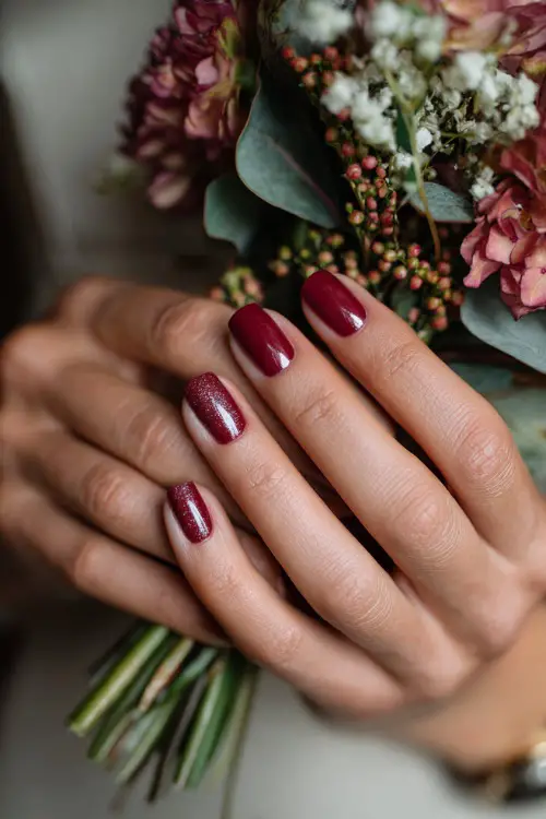 Short maroon nails with glitter ombré fade, bridesmaid’s hands gently holding a floral corsage 