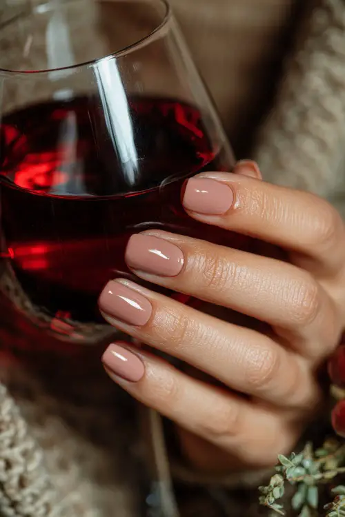 Short pale peach nails with glossy natural look, bridesmaid’s hand holding a glass of red wine at fall wedding dinner 