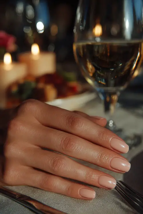 Short pale peach nails with subtle glossy shine, guest’s hand resting on a candlelit wedding table 