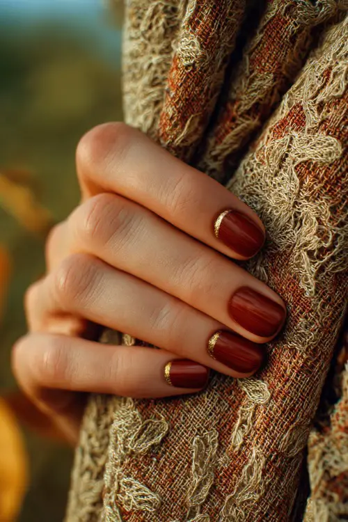 Short rust nails with gold striping accents, bridesmaid’s hand resting on a lace shawl in autumn background 