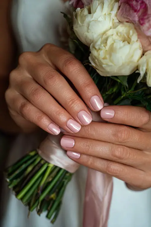 Short soft blush nails with glossy finish, bridesmaid’s hand adjusting a silk ribbon bouquet 