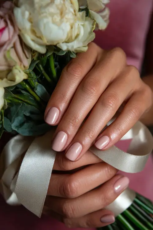 Short soft blush nails with glossy finish, bridesmaid’s hand adjusting a silk ribbon bouquet