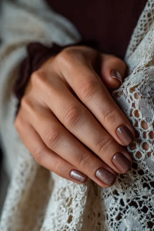 Short warm brown nails with glitter tips, bridesmaid’s hands resting on a lace shawl