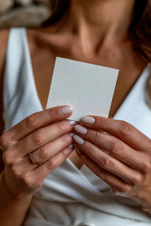 Simple ivory nails with clean square shape, guest holding a rustic wedding menu card 