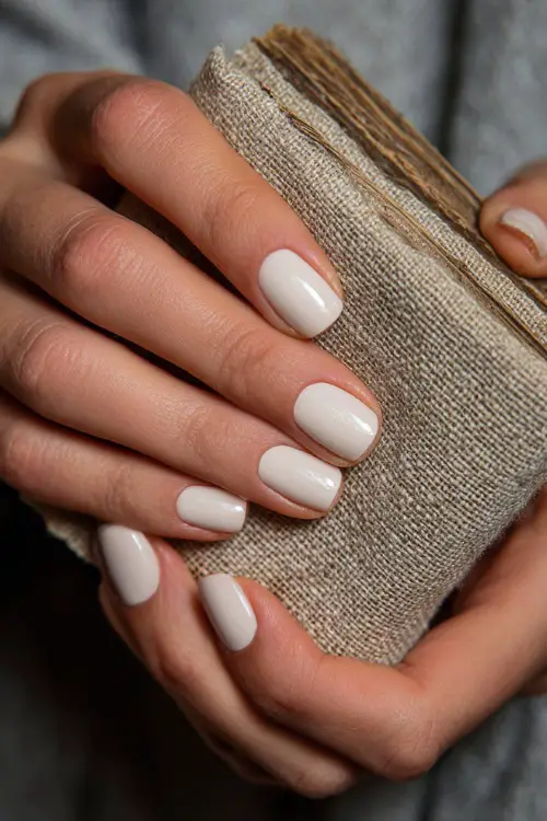 Simple ivory nails with clean square shape, guest holding a rustic wedding menu card