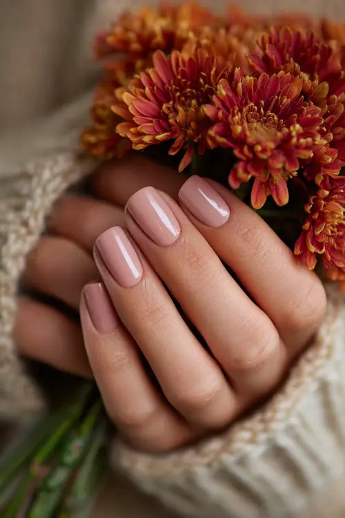 Soft blush nails with delicate glossy top coat, guest holding a bouquet of autumn flowers 