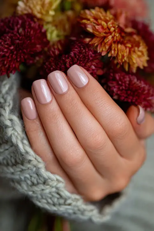 Soft blush nails with delicate glossy top coat, guest holding a bouquet of autumn flowers