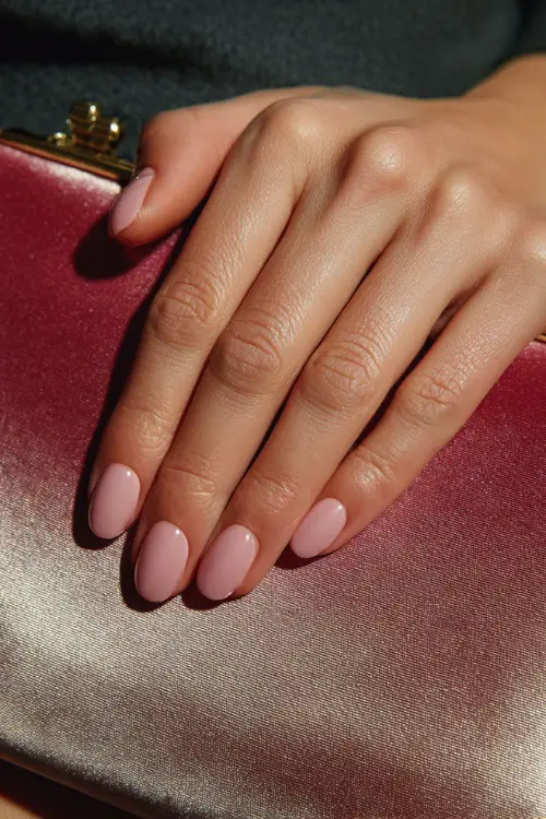 Soft blush pink nails in round shape with minimal design, guest’s hand resting on a satin clutch bag 