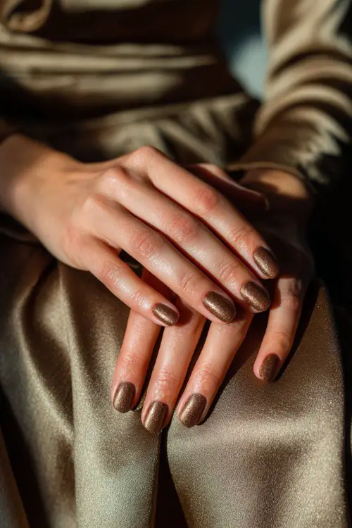Warm brown nails with glitter ombré effect, bridesmaid’s hands over a silk bridesmaid gown 