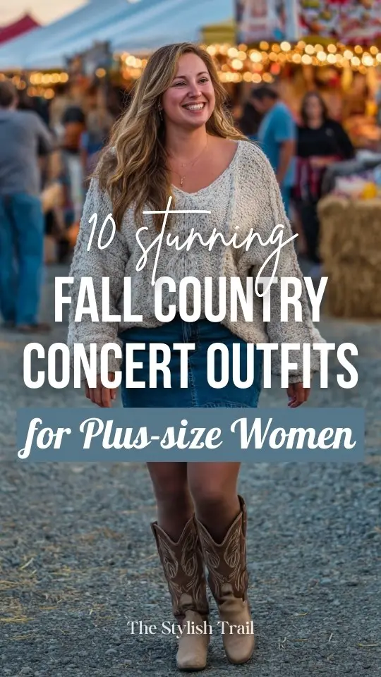 a plus-size woman wears a sweater and a denim skirt outfit for a fall country concert