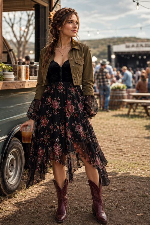 a woman in a black floral chiffon midi dress with a fitted velvet bodice, sheer balloon sleeves, and a layered handkerchief hem, finished with burgundy cowboy boots