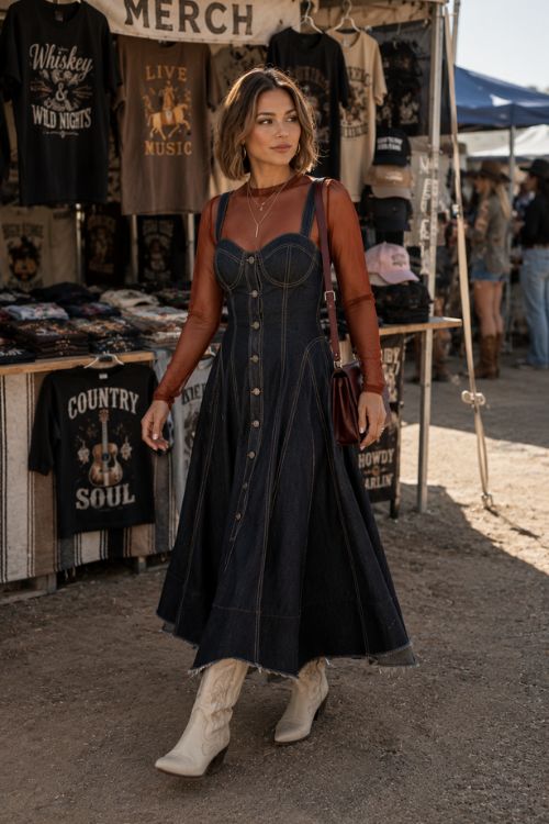 a woman in a dark denim midi dress with a fitted corset-inspired bodice, dramatic curved seams, a button-front flared skirt, white cowboy boots