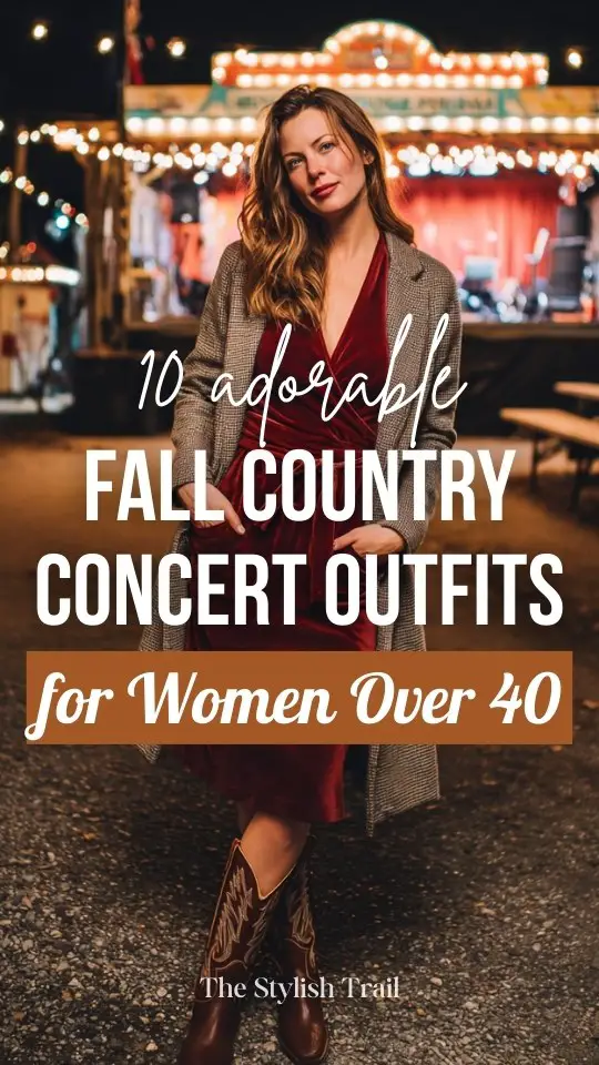 a woman over 40 wears a fall country concert outfit with a red velvet dress and a long blazer