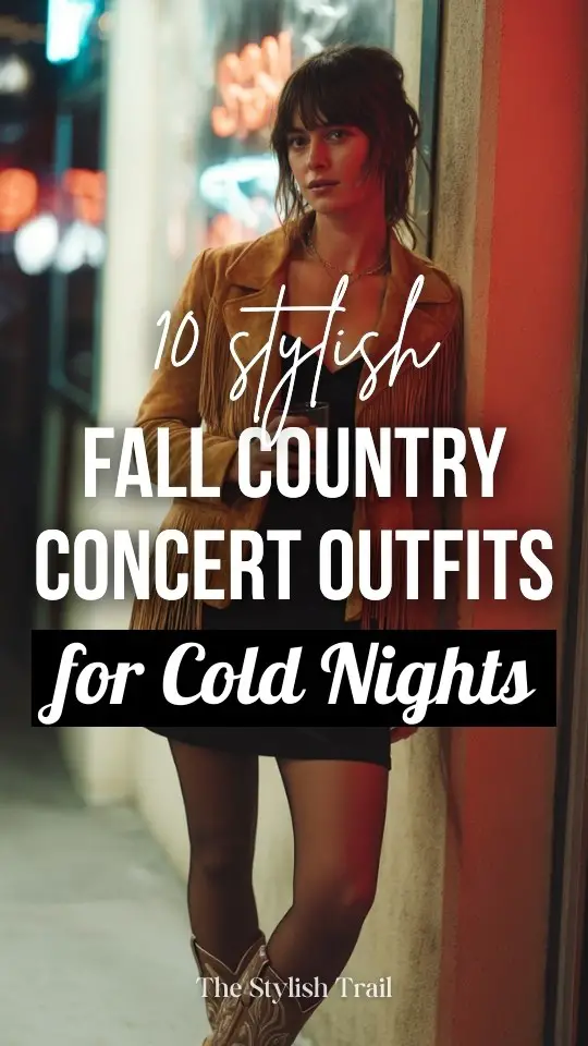 a woman wears a black dress with a fringe jacket outfit for a fall country concert in cold night