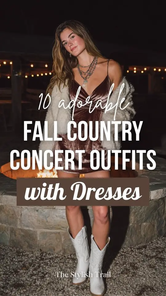 a woman wears a brown dress with white cowboy boots with a fur jacket outfit for a fall country concert