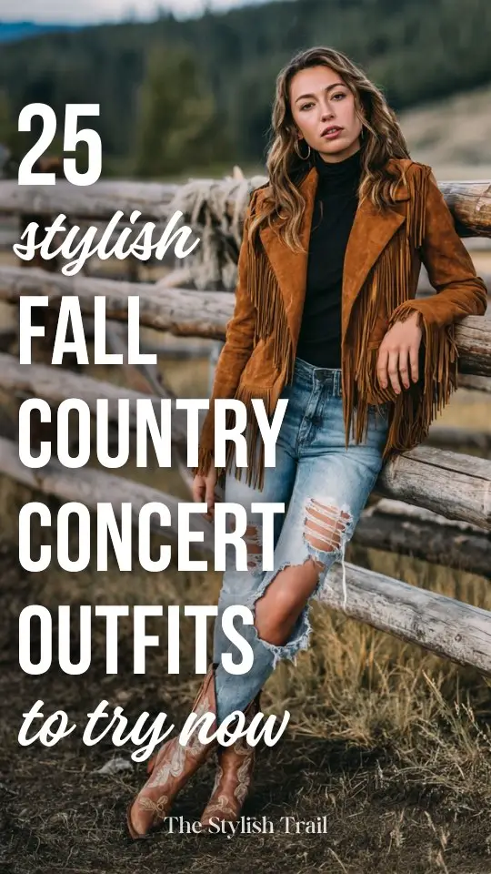 a woman wears a fall country concert outfit with a black top, a fringe jacket and ripped jeans