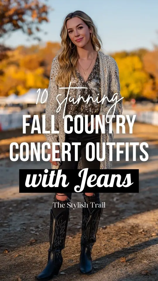 a woman wears a fall country concert outfit with jeans, a sequin top, a cardigan and black cowboy boots