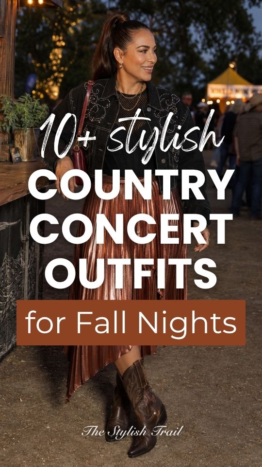 woman wearing a fall night country concert outfit with copper metallic pleated midi skirt, a fitted black mesh-knit top, a cropped dark denim jacket, and chocolate cowboy boots