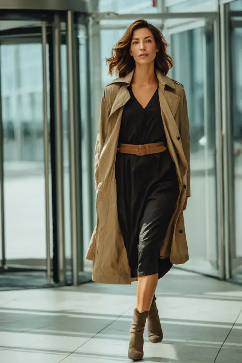 A woman in her 40s wears a black midi dress with a camel belt and heeled boots, layered with a light trench coat, walking confidently through a glass office lobby