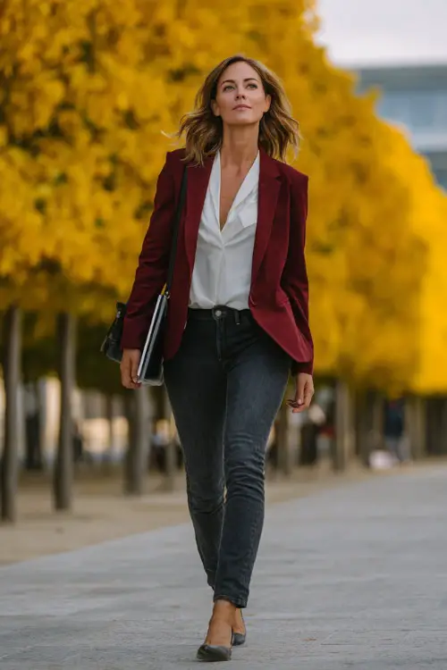 A woman in her 40s wears a burgundy blazer layered over a white blouse with dark jeans and heels