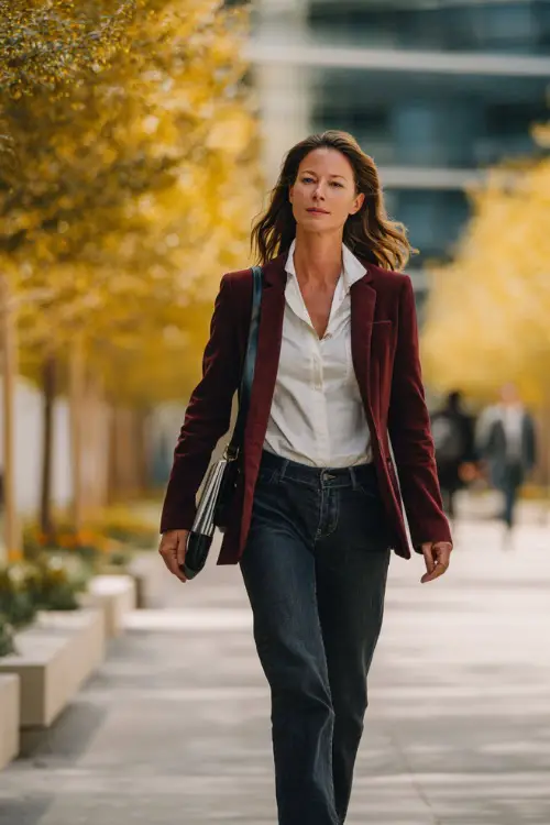 A woman in her 40s wears a burgundy blazer layered over a white blouse with dark jeans and heels