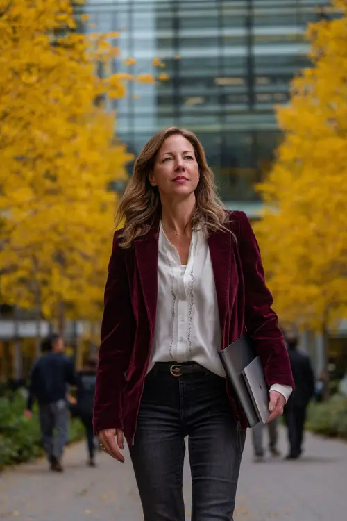 A woman in her 40s wears a burgundy blazer layered over a white blouse with dark jeans and heels