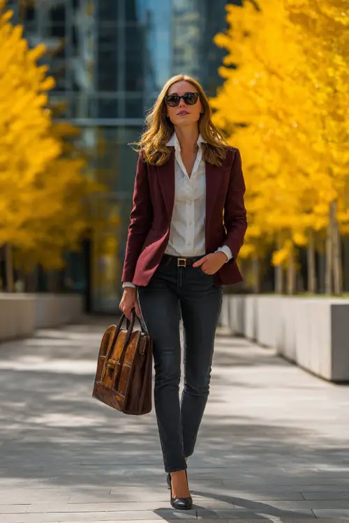 A woman in her 40s wears a burgundy blazer layered over a white blouse with dark jeans and heels