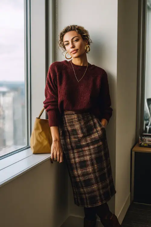 A woman in her 40s wears a burgundy knit sweater tucked into a plaid midi skirt with tights and ankle boots