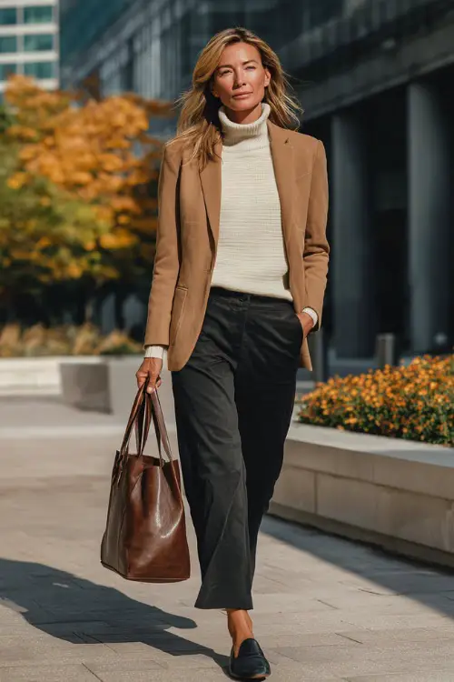 A woman in her 40s wears a camel blazer over a cream turtleneck with black straight-leg trousers and heeled loafers
