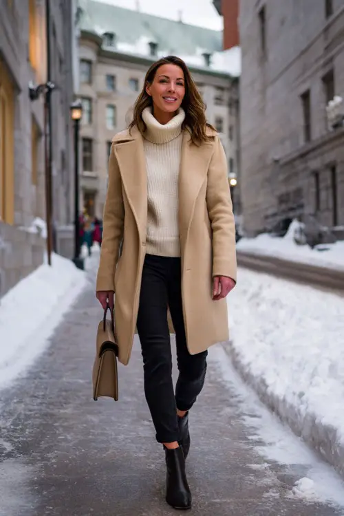 A woman in her 40s wears a camel wool coat layered over a cream turtleneck and slim black trousers with heeled ankle boots