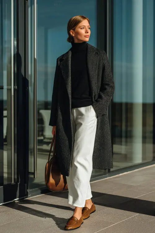 A woman in her 40s wears a charcoal overcoat layered over a black turtleneck and white trousers