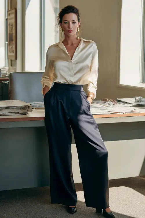 A woman in her 40s wears a cream silk blouse tucked into navy wide-leg trousers with loafers, accessorized with pearl earrings and a watch