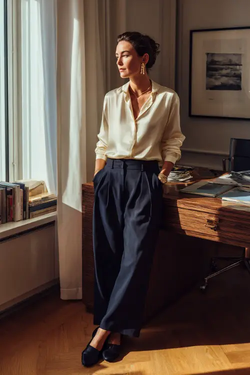 A woman in her 40s wears a cream silk blouse tucked into navy wide-leg trousers with loafers, accessorized with pearl earrings and a watch