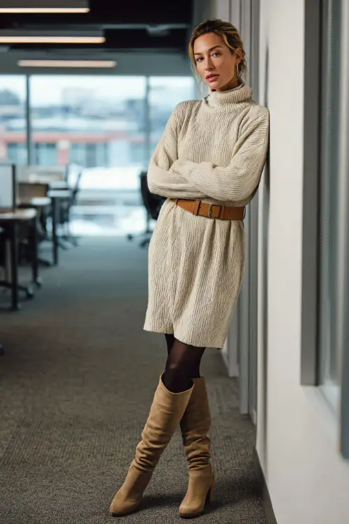 A woman in her 40s wears a cream sweater dress with a camel belt and black tights
