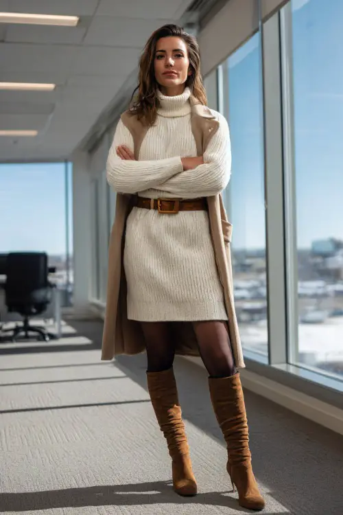 A woman in her 40s wears a cream sweater dress with a camel belt and black tights