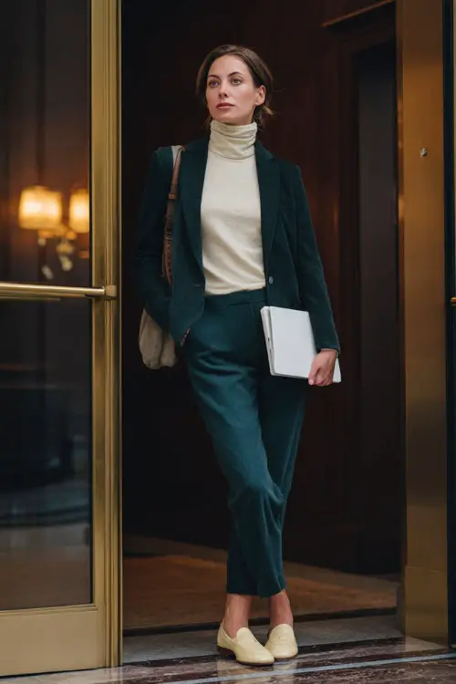A woman in her 40s wears a cream turtleneck under a dark green blazer with cropped trousers and loafers, holding a notebook and bag while standing near an office entrance