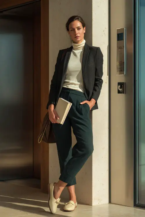 A woman in her 40s wears a cream turtleneck under a dark green blazer with cropped trousers and loafers, holding a notebook and bag while standing near an office entrance