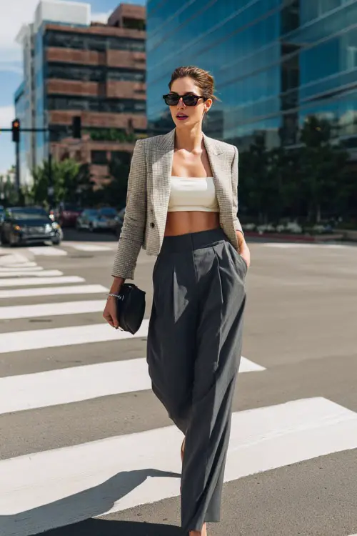 A woman in her 40s wears a cropped blazer with high-waist wide-leg trousers and heels