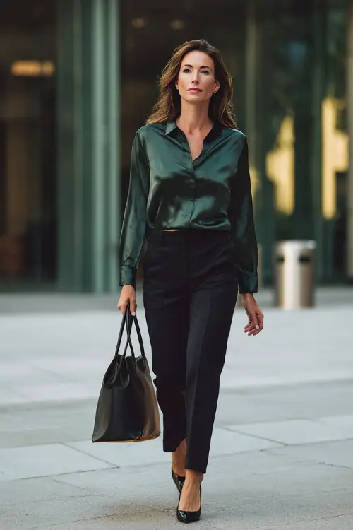 A woman in her 50s wears a dark green satin blouse with straight-leg black trousers and slingback heels
