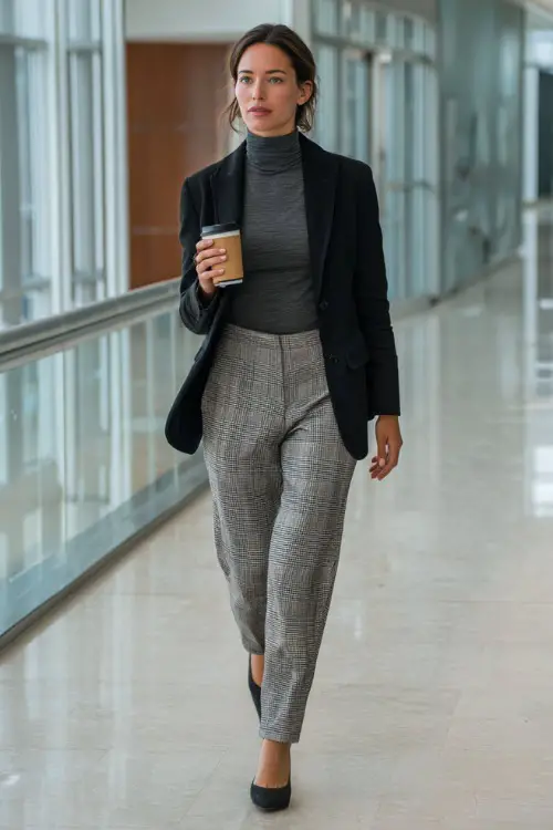 A woman in her 40s wears a gray turtleneck under a black blazer with plaid trousers and block-heel shoes