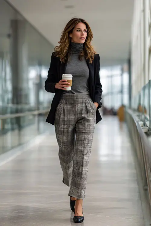 A woman in her 40s wears a gray turtleneck under a black blazer with plaid trousers and block-heel shoes