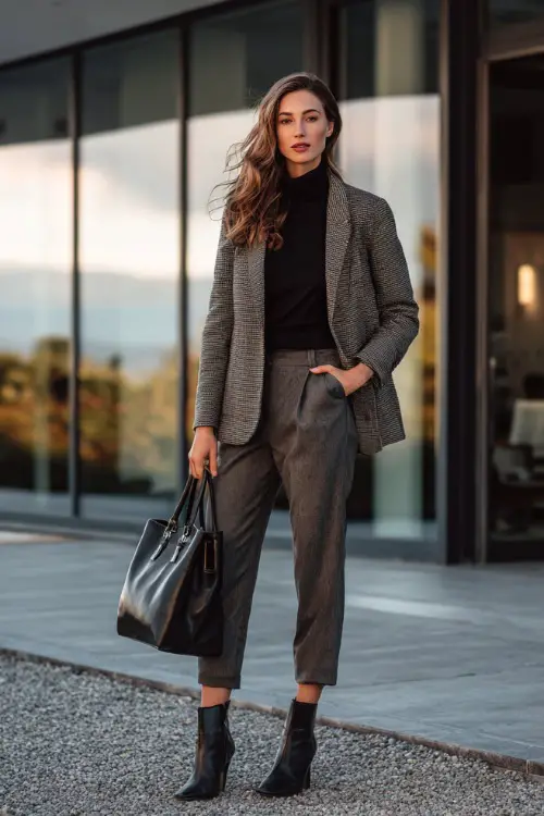A woman in her 40s wears a gray wool blazer layered over a black turtleneck with slim trousers and ankle boots