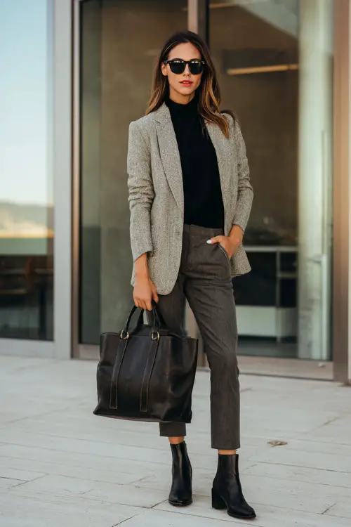 A woman in her 40s wears a gray wool blazer layered over a black turtleneck with slim trousers and ankle boots