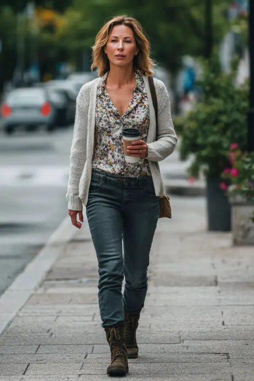 A woman in her 40s wears a light gray cardigan layered over a printed blouse with dark jeans and ankle boots, carrying a coffee cup while walking down a leafy city street