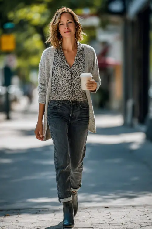 A woman in her 40s wears a light gray cardigan layered over a printed blouse with dark jeans and ankle boots, carrying a coffee cup while walking down a leafy city street